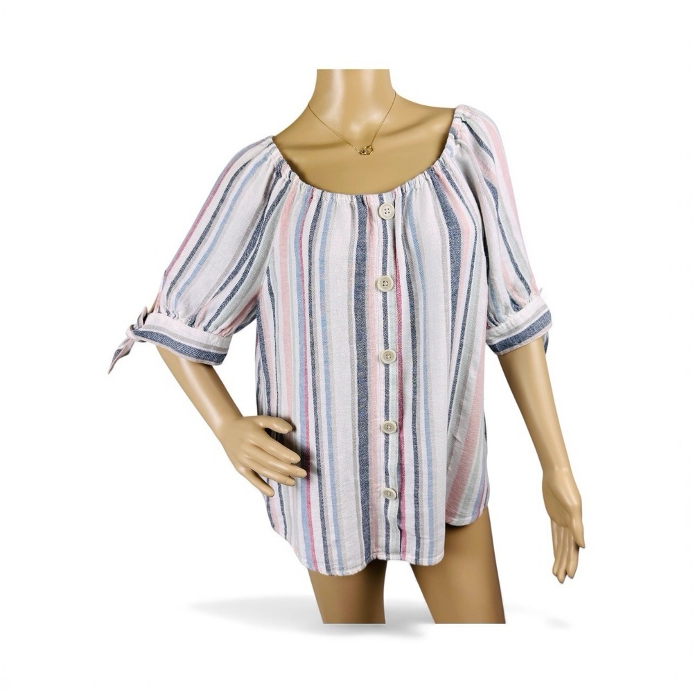 Cato C Est 1946 Women's Sz L Linen‎ Blend Colorful Striped Faux Button Blouse